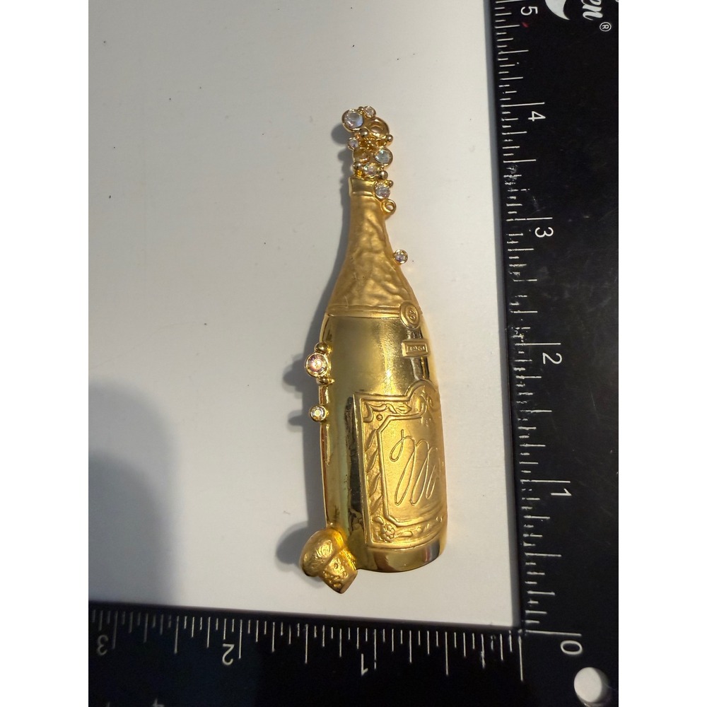 Vintage JJ Jonette Champagne Bottle Brooch Gold Tone AB Rhinestone Bubbles 1960
